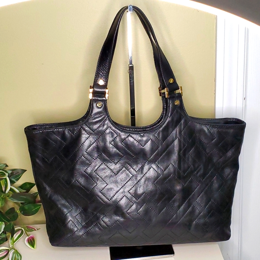 Tory Burch | Black Leather Tote with Brass Details